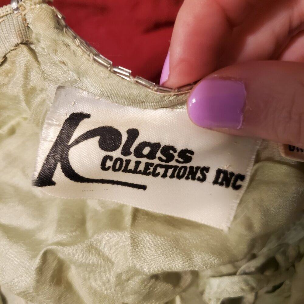 Vintage 1970s Retro Green Silk Floral Palm Leaf Gold Beaded Maxi Dress - Picture 12 of 15